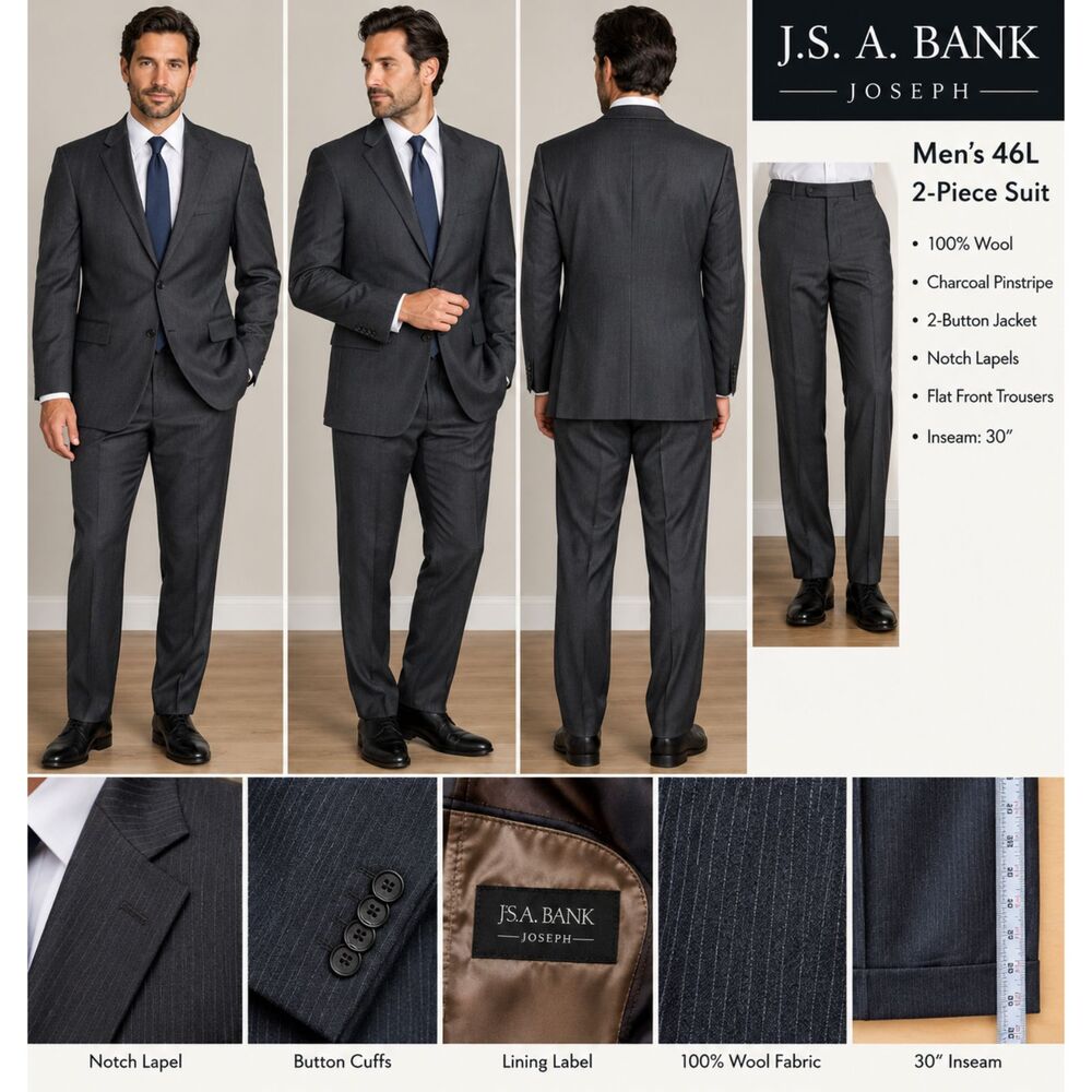 J.S. A. Bank Joseph Men’s 46L 100% Wool Charcoal Pinstripe 2-Piece Suit